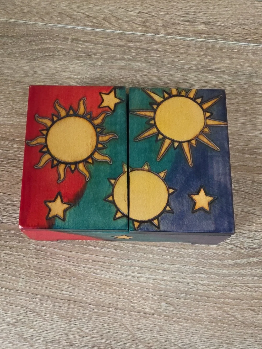 Hand-Painted Sun & Stars Wooden Trinket Box - Multicolor
